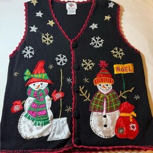 Noel Snowman Embroidered Christmas Sweater Vest - Black